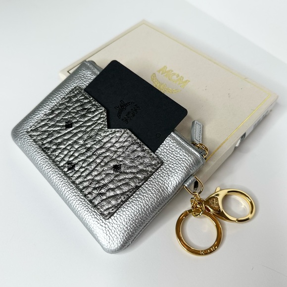 MCM Metallic Silver Visetos Leather Coin/Card
Pouch w/ Gold Keychain, NWT
